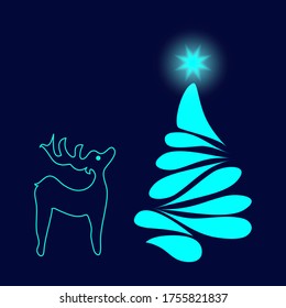 Christmas card template. Vector. silhouette of a small fawn looking at a Christmas tree