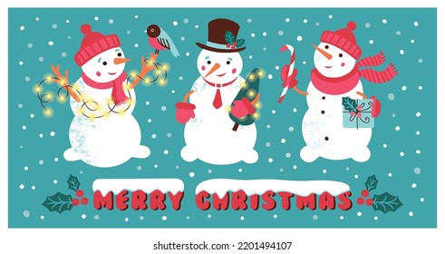 Christmas card template. Vector snowmen. Retro style