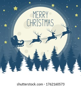 Christmas card template with vintage fir trees, stars, moon at night and santa claus with reindeer silhouette. Vector isolated border with snowy forest. Holiday banner or poster for noel celebration.