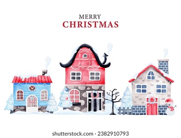 Christmas card template with watercolor winter house with a snow cap, Christmas house, Winter houses landscape vector illustration