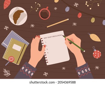 Christmas card template with woman hand holding pen and writing New Year's resolutions in her notebook cup of coffee,sweets,festive seasonal decorations.Colorful vector illustration cartoon flat style