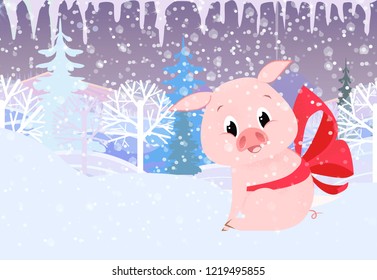 Christmas card template. Xmas pig with red bow, icicles and snowy fir trees in background. Festive design can be used for banners, posters, postcards