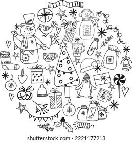 Christmas card template for your design. Symbols, icons Christmas New Year. Snowman, Christmas tree, gifts and other elements in the form of a circle
