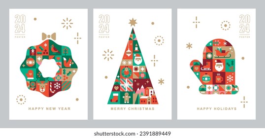 Christmas card templates. Icons in abstract modern geometric flat style. Winter poster set. Christmas wreath, Christmas tree and Christmas mitten. Bauhaus design. Happy holidays. Vector illustration.