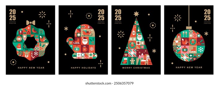 Christmas card templates. Icons in abstract modern geometric flat style. Winter poster set. Christmas wreath, Christmas tree and Christmas mitten. Bauhaus design. Happy holidays. Vector illustration.