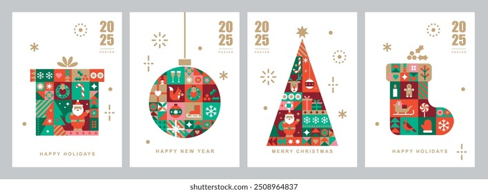 Christmas card templates. Icons in abstract modern geometric flat style. Winter poster set. Christmas box, Christmas tree and Christmas sock. Bauhaus design. Happy holidays. Vector illustration.