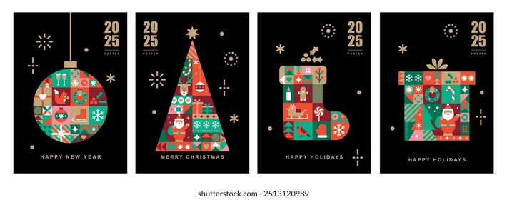 Plantillas de tarjeta de Navidad. Iconos en estilo plano geométrico moderno abstracto. Conjunto de póster de invierno. Bola de Navidad, árbol de Navidad y calcetín de Navidades. Diseño Bauhaus. Felices fiestas. Ilustración vectorial.