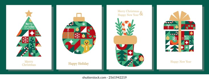 Christmas card templates. icons and elements in abstract modern geometric style. Set of winter cards and posters. Santa, Christmas ball, Christmas tree and Christmas sock in Bauhaus style.