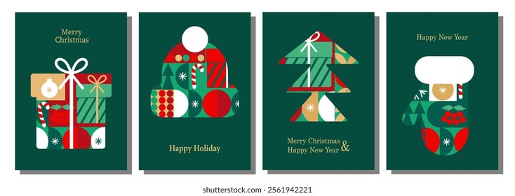 Christmas card templates. icons and elements in abstract modern geometric style. Set of winter cards and posters. Santa, Christmas ball, Christmas tree and Christmas sock in Bauhaus style.