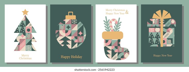 Christmas card templates. icons and elements in abstract modern geometric style. Set of winter cards and posters. Santa, Christmas ball, Christmas tree and Christmas sock in Bauhaus style.