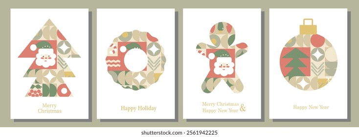 Christmas card templates. icons and elements in abstract modern geometric style. Set of winter cards and posters. Santa, Christmas ball, Christmas tree and Christmas sock in Bauhaus style.