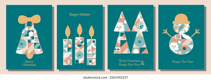 Christmas card templates. icons and elements in abstract modern geometric style. Set of winter cards and posters. Santa, Christmas ball, Christmas tree and Christmas sock in Bauhaus style.