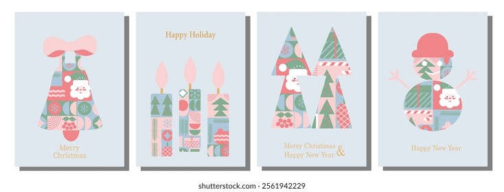 Christmas card templates. icons and elements in abstract modern geometric style. Set of winter cards and posters. Santa, Christmas ball, Christmas tree and Christmas sock in Bauhaus style.