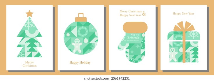 Christmas card templates. icons and elements in abstract modern geometric style. Set of winter cards and posters. Santa, Christmas ball, Christmas tree and Christmas sock in Bauhaus style.