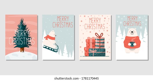 Christmas card templates with polar bear, christmas gifts and tree and lettering. Vector isolated xmas banners. Holiday background for noel invitations.