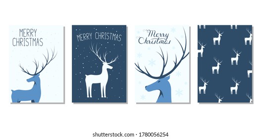 Christmas card templates with reindeer. Invitation cards for winter holiday with stag and snow sparkles. Vector isolated posters and pattern for xmas with lettering.