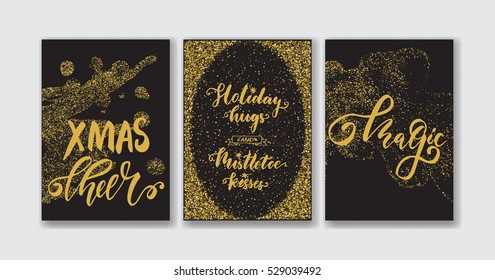 Christmas card templates set with hand drawn modern ink calligraphy, gold glitter texture. Vector illustration.