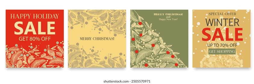 Christmas Card Templates Set. Merry Christmas Background for Winter Holiday Design. Vector Illustration