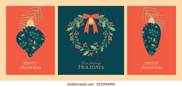 Plantillas de tarjetas de Navidad con el texto "Feliz Navidad", "Felices Fiestas". Ilustraciones planas con flores de invierno, campana, juguetes de árboles de navidad, rama de pino. Artes de videos de saludo de invierno.