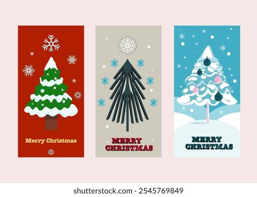Christmas card templates, Christmas tree, Snow globe. Happy holidays. Seasons greetings. Vector illustration set.