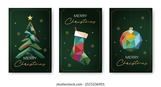 Christmas card templates. Christmas tree, Christmas stocking and Christmas ball in abstract modern geometric flat style. Vector illustrations for background, greeting card