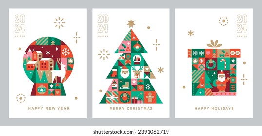 Plantillas de tarjetas de Navidad. Iconos de invierno en abstracto estilo plano geométrico moderno. Globo de nieve, árbol de Navidad y caja de Navidad. Diseño de Bauhaus. Felices fiestas. Saludos de temporada.Conjunto de ilustraciones vectoriales.