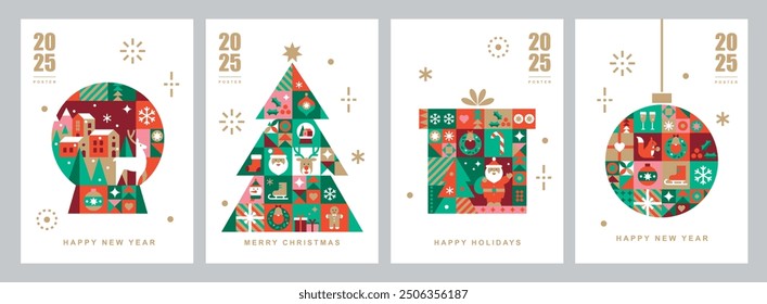 Weihnachtskartenvorlagen. Wintersymbole im abstrakten, modernen geometrischen Flachstil. Schneekugel, Weihnachtsbaum und Weihnachtskiste. Bauhaus-Design. Frohe Feiertage. Jahreszeiten Grüße.Vektorgrafik-Set.