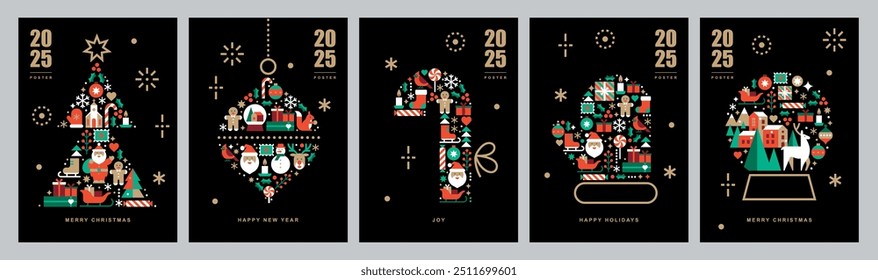 Plantillas de la tarjeta de Navidad. Iconos en estilo plano abstracto. Conjunto de póster de invierno. Juguete de Navidades, globo de nieve, manopla de Navidades, árbol de Navidad y caña de caramelo. Saludos de temporada. Felices fiestas. Ilustración vectorial