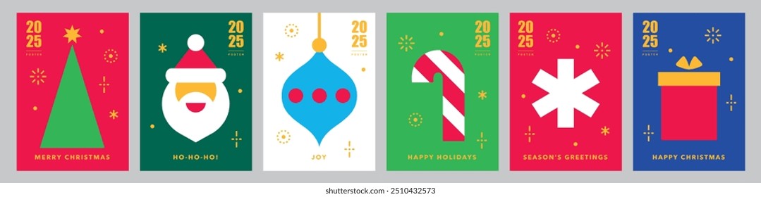 Plantillas de tarjeta de Navidad. Iconos en estilo plano geométrico abstracto. Conjunto de póster de invierno. Juguete de Navidades, Santa, árbol de Navidad, bastón de caramelo y copo de nieve. Saludos de temporada. Felices fiestas. Ilustración vectorial.