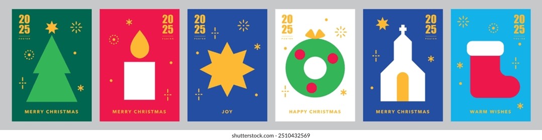 Christmas card templates.Icons in abstract modern geometric flat style.Winter poster set.Christmas wreath, Christmas star, church and candle.Season's greetings.Happy holidays.Vector illustration.