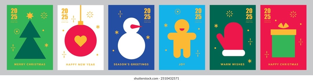 Christmas card templates.Icons in abstract modern geometric flat style.Winter poster set.Christmas ball, Christmas tree, gifts and snowman.Season's greetings.Happy holidays.Vector illustration.