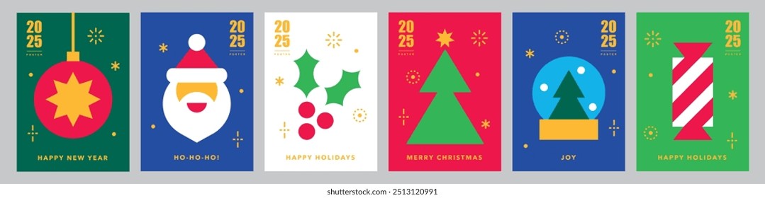 Plantillas de la tarjeta de Navidad. Iconos en estilo plano geométrico moderno abstracto. Conjunto de póster de invierno. Bola de Navidad, Santa, árbol de Navidad y globo de nieve. Saludos de temporada. Felices fiestas. Ilustración vectorial.