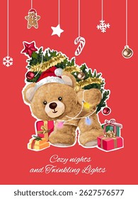 christmas card templeate with bear doll carrying christmas tree vector illustration
