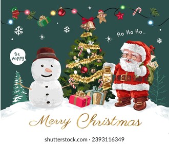 Christmas card tenplate with snow and and santa clause vector illustration