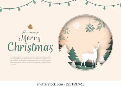 Christmas card with text and circle frame decoration in sage green and beige color theme