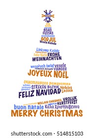 Christmas card with text composition formed as a xmas tree, with greetings in many European languages