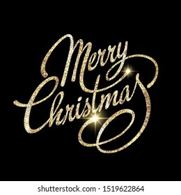 Christmas card with text Merry Christmas. Calligraphic Lettering design Creative typography for Holiday Greeting Gift Poster. Calligraphy Font style Banner. Gold glitter