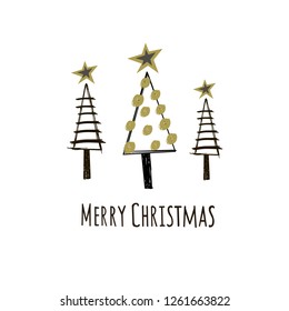 Christmas card with text merry Christmas and Christmas trees. Figure of Christmas trees on a white background. Holiday design.