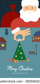 Christmas card with text wishing. Santa claus make a present of christmas tree and gifts. 