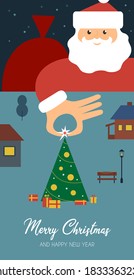 Christmas card with text wishing. Santa claus make a present of christmas tree and gifts. 