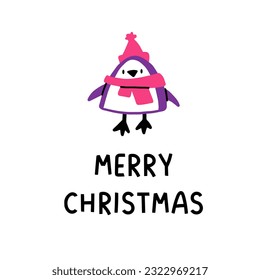 A Christmas card that says "Merry Christmas". With a cute penguin in a hat and scarf.
