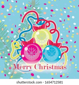 Christmas card with three color glass balls with snowflakes with red bows, confetti and tinsel on a light blue background.