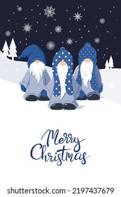 Christmas card with three cute dwarfs on a winter background with snowflakes. Vector.