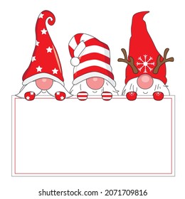 Christmas card. Three cute gnomes with poster. Blank space for text