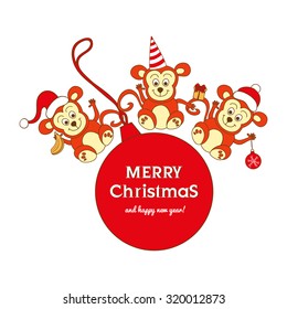 Christmas card with three cute monkeys and New Year is ball