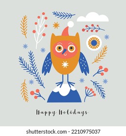 Christmas card, three cute owl