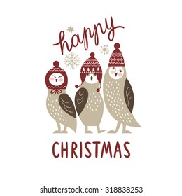 Christmas card, three cute owls