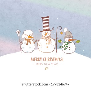 Christmas card with three cute snowman on winter sky background