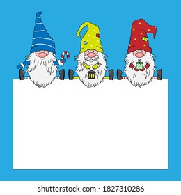 Christmas card. Three gnomes with blank sign