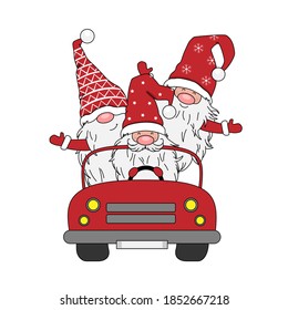 Christmas card. Three gnomes in a car